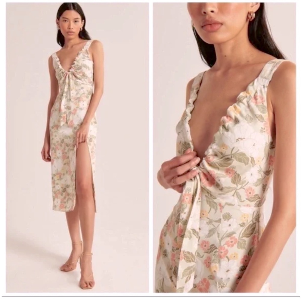 Abercrombie & Fitch Floral Midi Dress in Cream, Pink, Green
